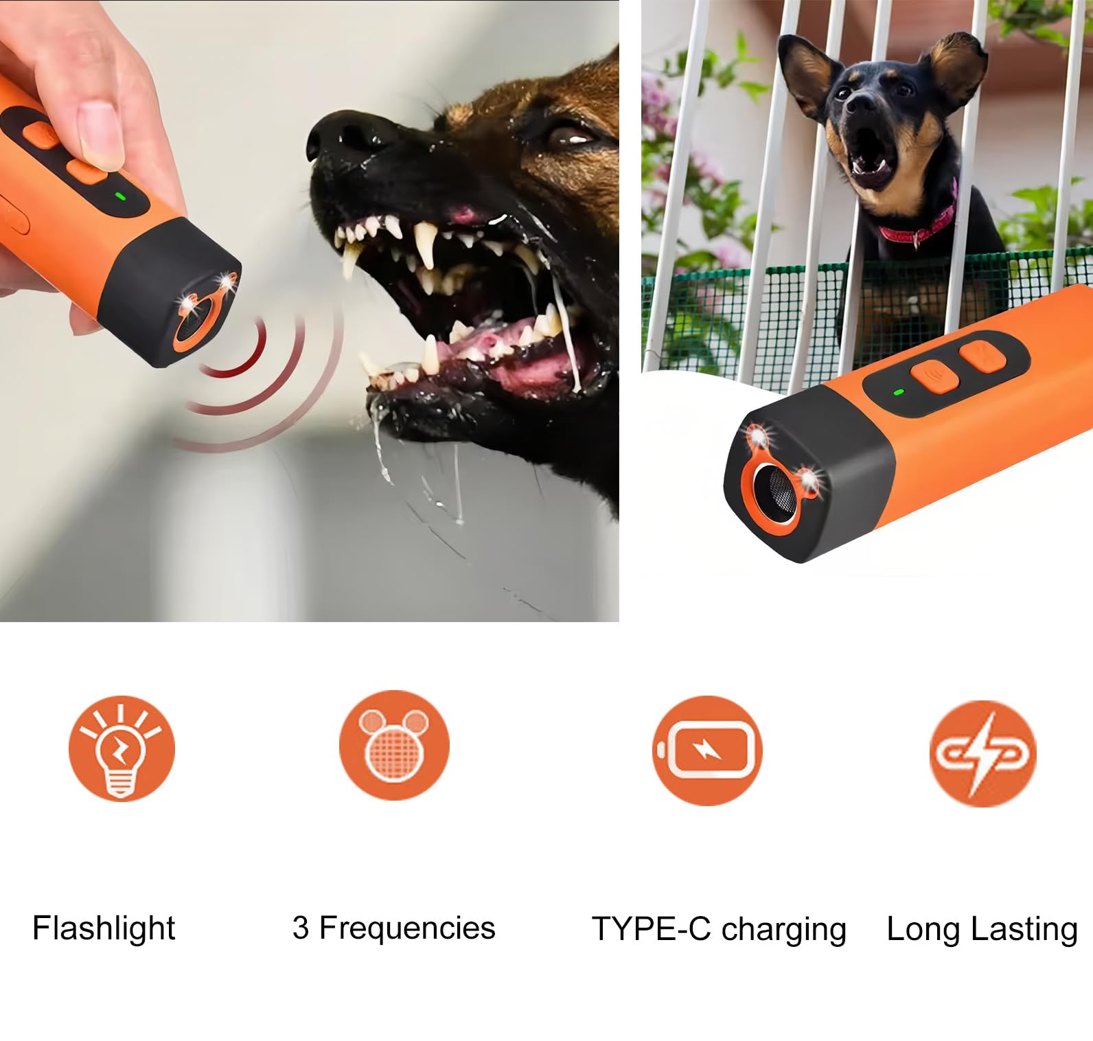 Lot de 2 répulsifs à ultrasons pour chiens avec 3 fréquences réglables - Lampe torche LED - Bouchon d'aboiement rechargeable - Portable - Pour chiens et animaux domestiques - Intérieur et
