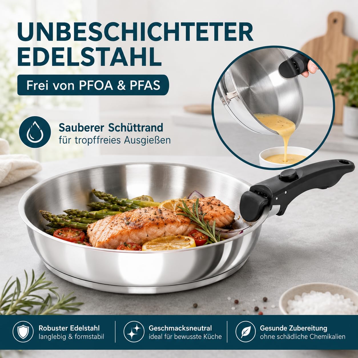 MICHELANGELO Edelstahl Pfannenset 3-teilig mit abnehmbarem Griff, platzsparend stapelbare Bratpfannen, ohne Beschichtung, induktionsgeeignet, 20/24/28 cm
