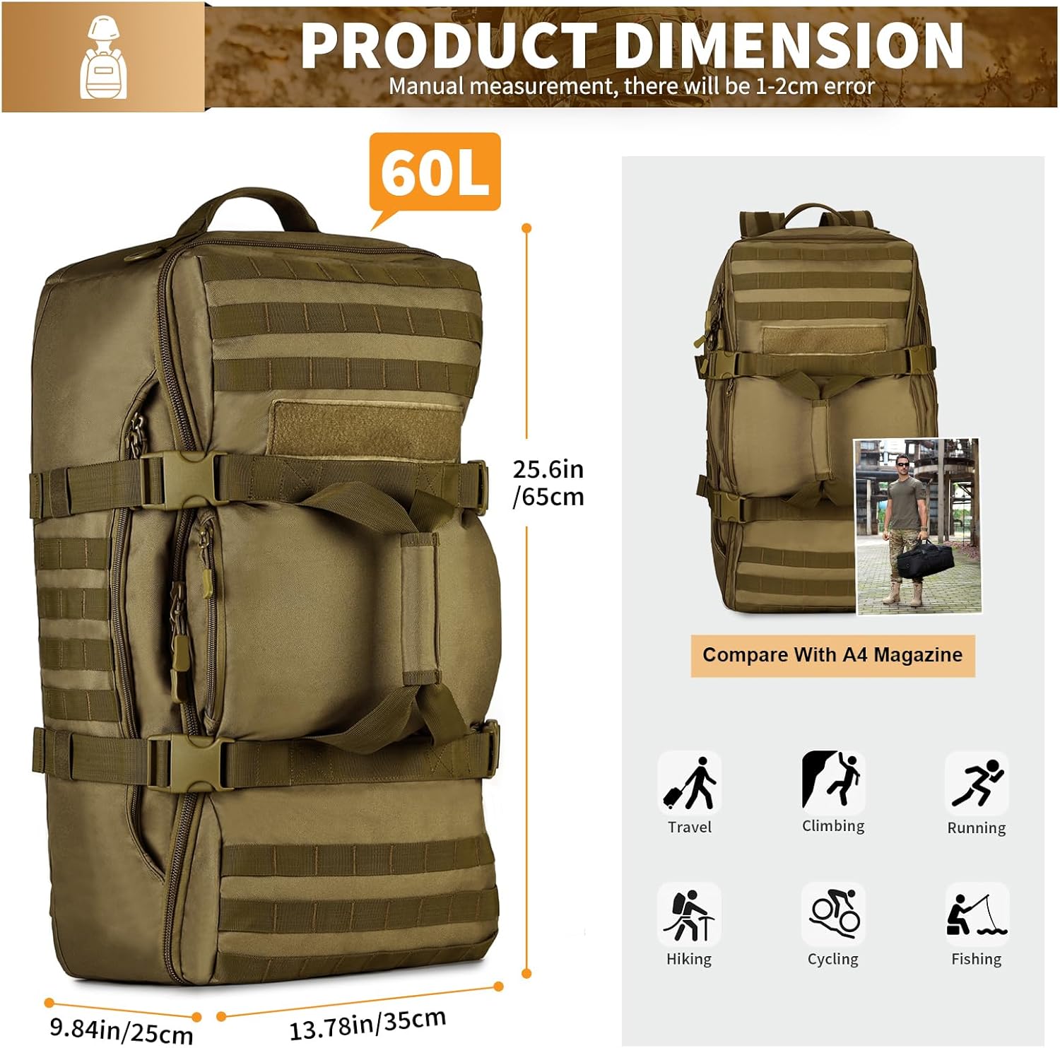 HUNTVP 60L Tactical Backpack Tactical Duffel Bag Military Travel Bag Outdoor Assault Pack Rucksack Bag | Gear Sport, Outdoor, Bag, For Hunting, Camping, Trekking