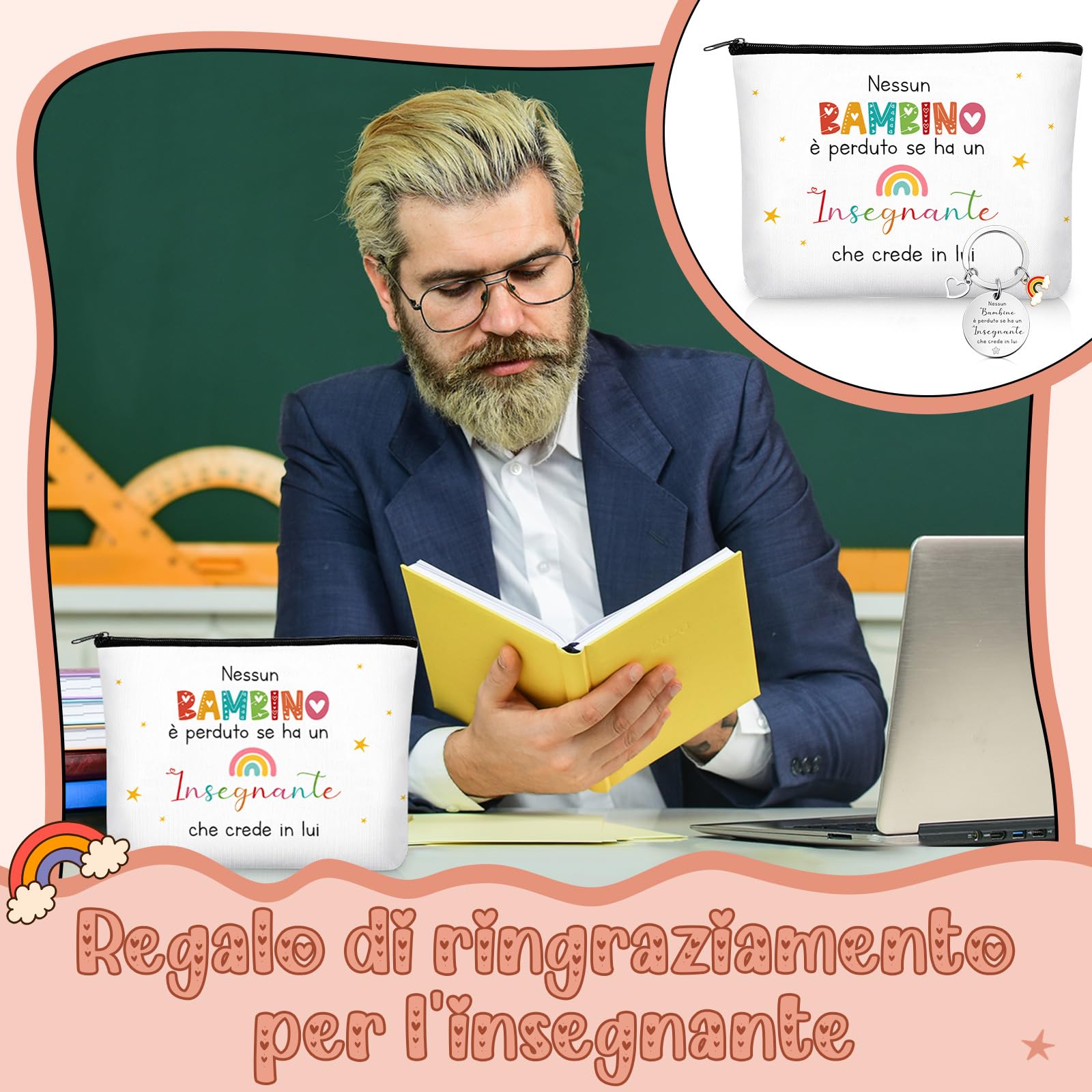 Xuniea 3 Sets Regali di Ringraziamento per Insegnante 3 Portachiavi con Cuore e Arcobaleno 3 Borse per Cosmetici in Tela 3 Penne a Sfera Carte e Corda per Maestra Asilo Professoressa Laurea Compleanno