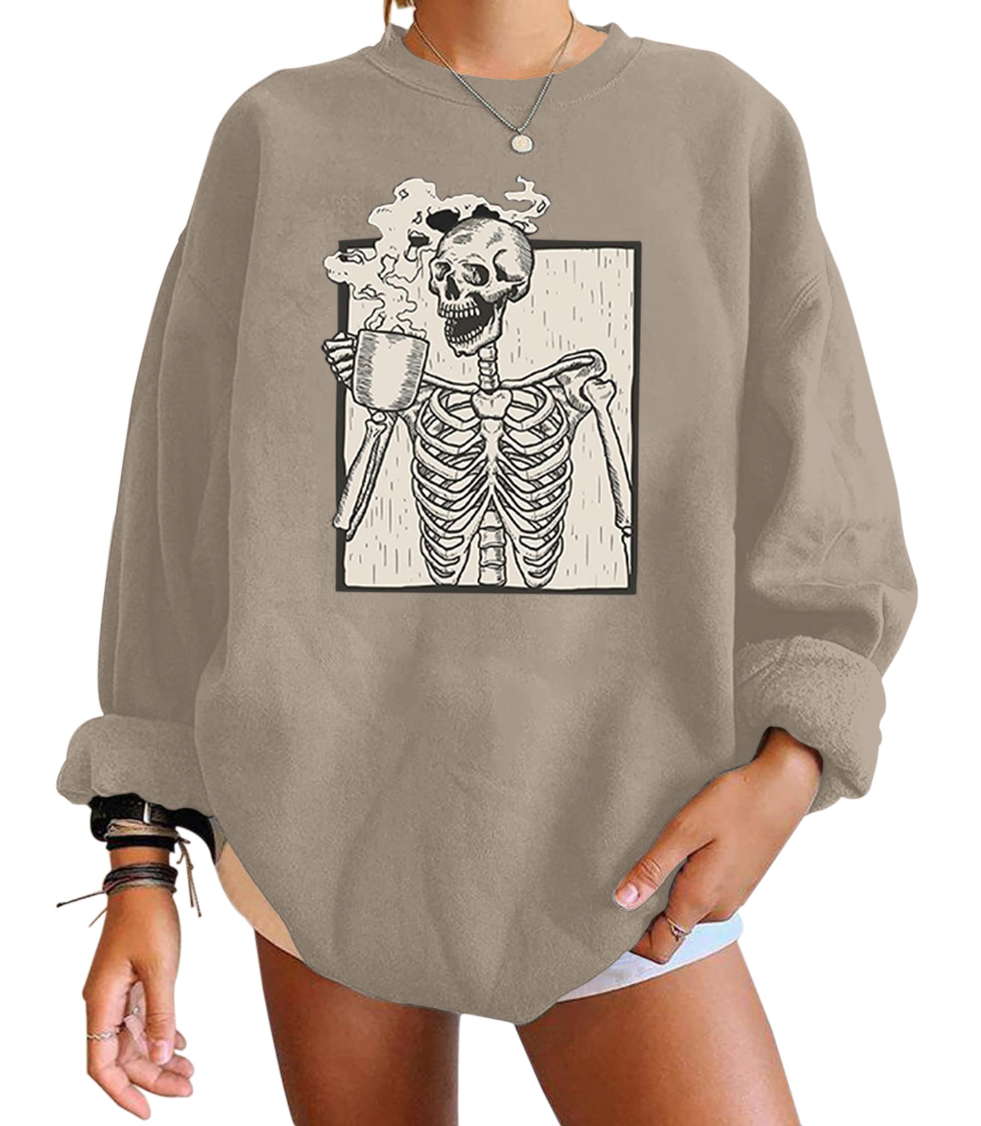 Meladyan Halloween Skull Graphic Print Fleece Oversized Sweatshirt Crewneck Long Sleeve Drop Shoulder Pullover