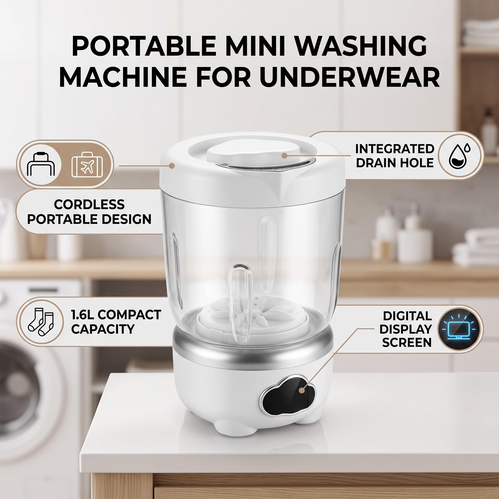 Cryfokt Mini-Waschmaschine, 1,6 L, Digitalanzeige, 3 Geschwindigkeiten