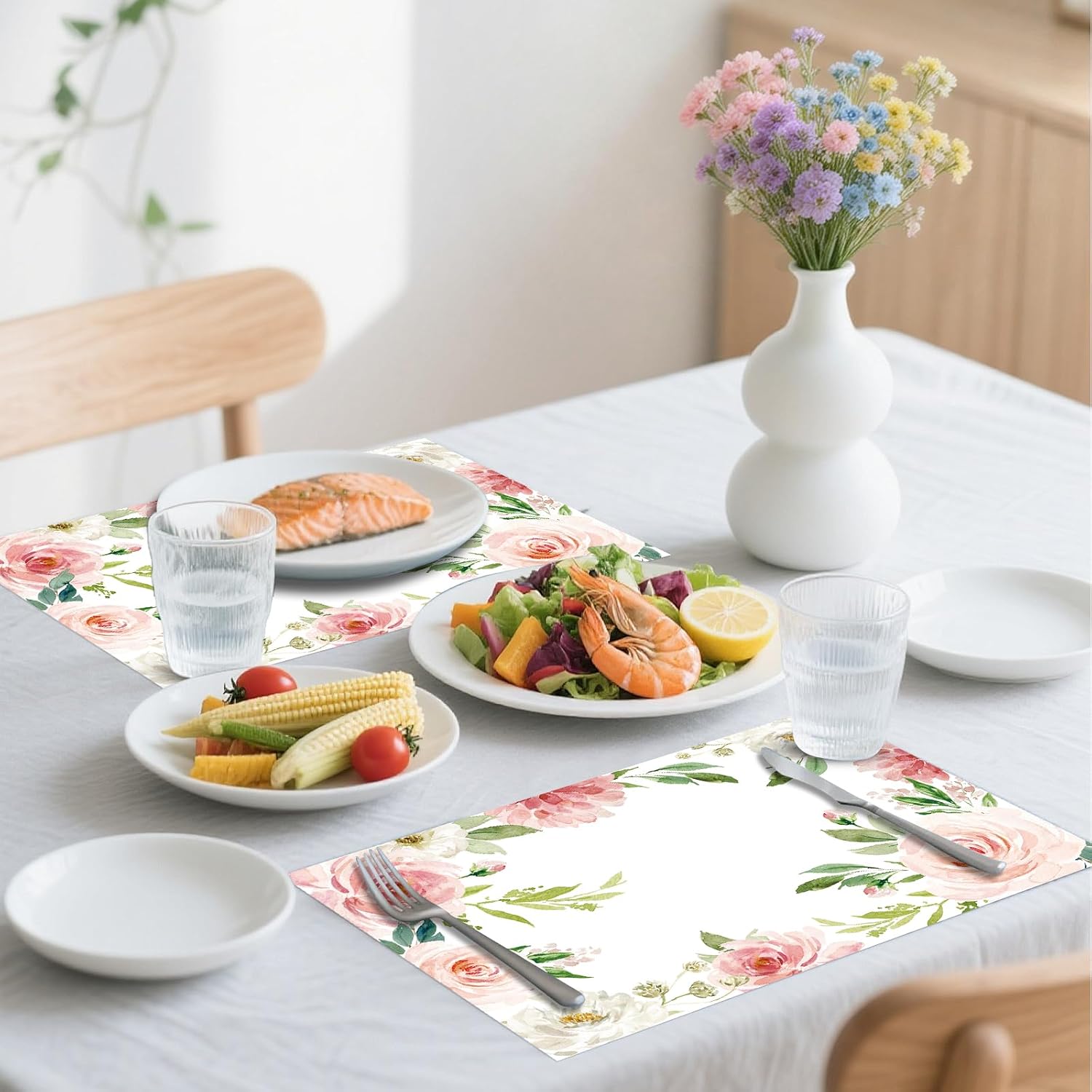 50 Pcs Floral Paper Placemats, 11x16 Inch Watercolor Flowers Summer Disposable Placemats Pink Roses Summer Spring Table Mats for Wedding Birthday Home Party Table Settings Supplies