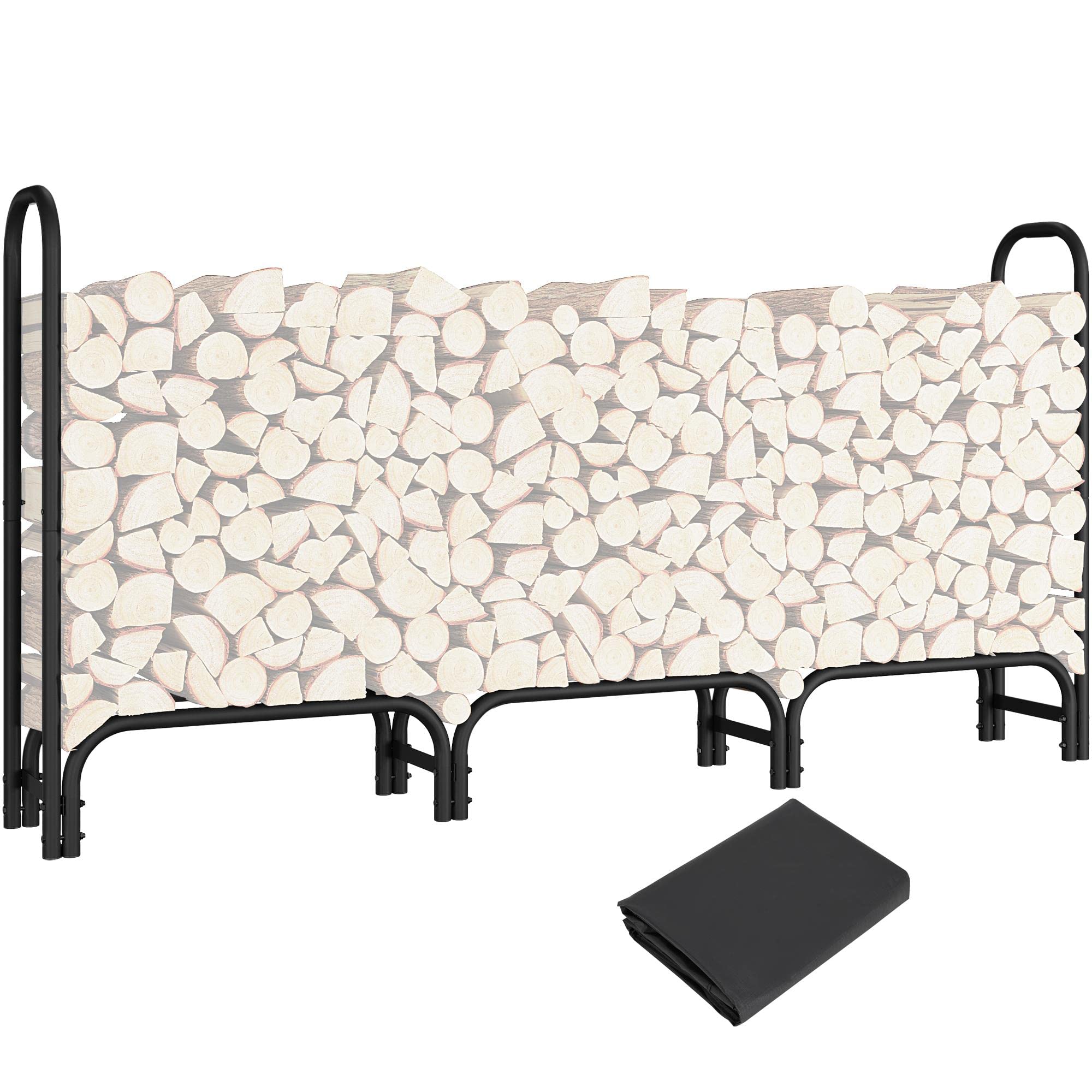 (Similar ,Stockings may not be exact) Topeakmart 8ft Firewood Log Rack Fireplace Iron Log Holder with Rain Cover Waterproof Wood Holder Metal Storage Rack for Indoor Outdoor Patio Garden, Heavy Duty Log Holder for Inside Fireplace, Black