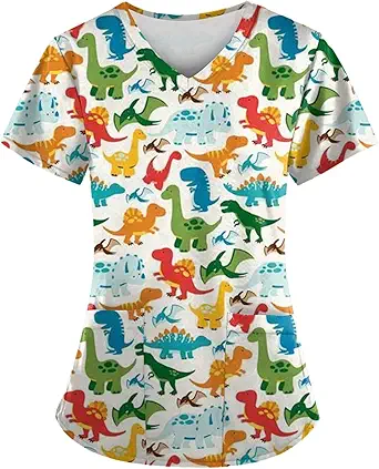 OIOLOYJM Printed Scrub Tops Women V Neck Short Sleeve Plus Size Scrubs for Womens Nursing Uniforms Shirts with Pockets