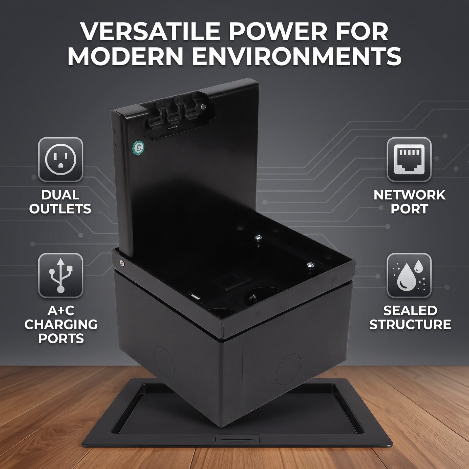 Prise de Sol Encastrable, Double Prise avec Ports USB A C et | Panneau en Acier Inoxydable PC, étanche, Clapet Anti-eau, Comptoir, bureau.