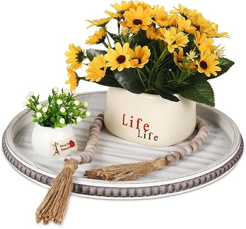 Bandeja decorativa de madera de 12 pulgadas, bandeja redonda con cuentas de madera, bandeja decorativa para mesa de café, bandeja redonda para