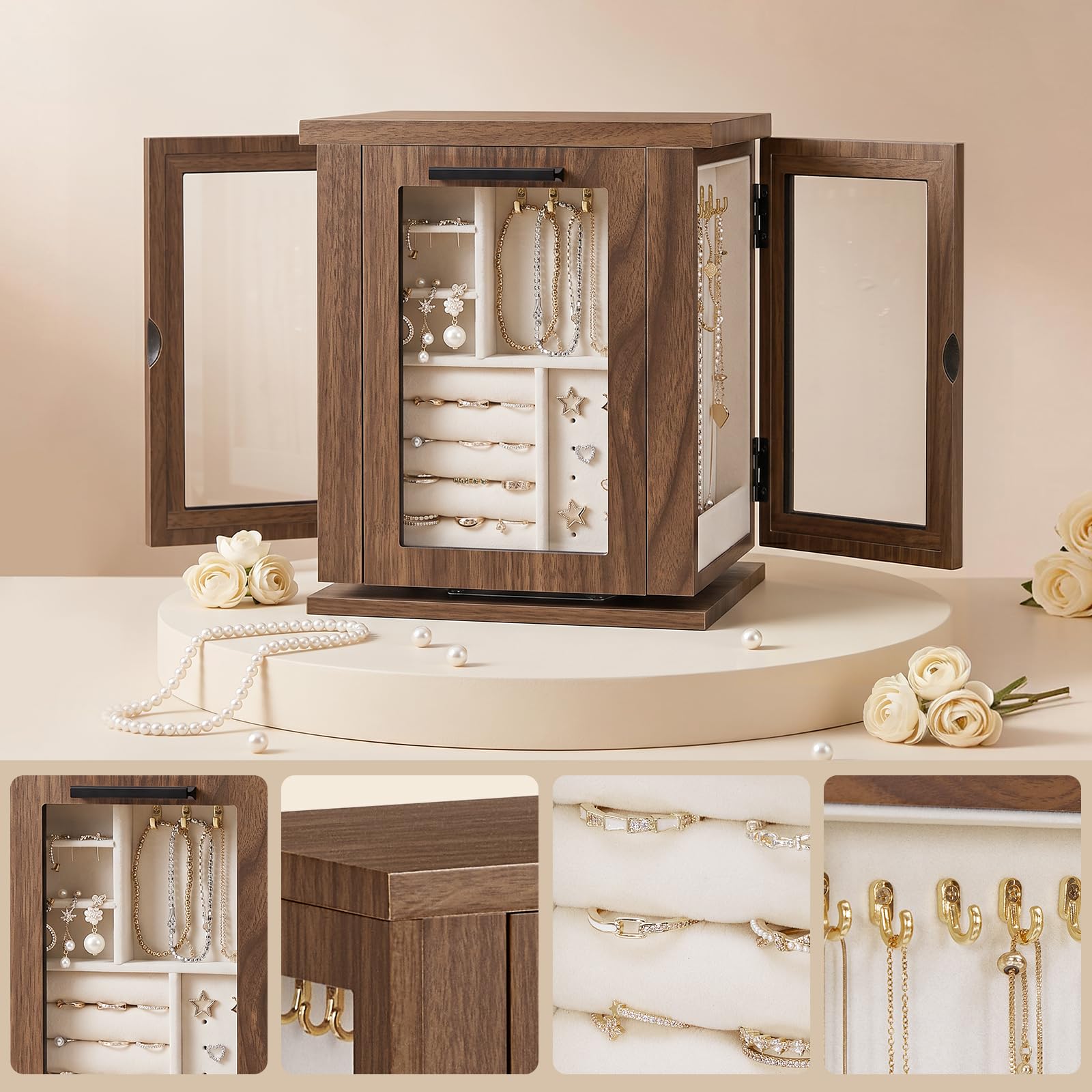 HOOBRO Caja Joyero de Gran Capacidad Giratoria de 360° con 4 Cajones y Espejo, Organizador de Joyas con 3 Puertas de Acrílico, Caja para Collares, Anillos, Pulseras, Nogal EB31JB04