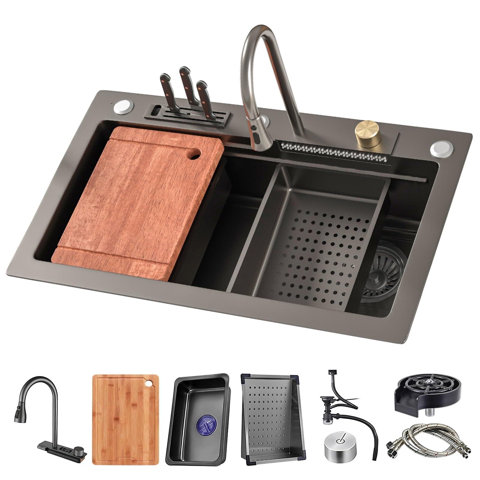 YADZISW Stainless Steel Waterfall Kitchen Sink with Digital Display - Single Bowl Bar Workstation Sliding & Draining Features for Ultimate Convenience