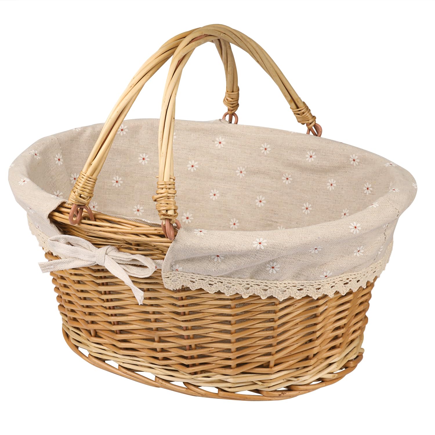 GNIEMCKINLarge Multipurpose Wicker Basket with Handle, 14.2 x 11 x 6.7 in Wicker Picnic Basket with Liner, Empty Gift Basket, Oval Willow Woven Basket for Fruit, Wine, Gathering, Wedding, Picnic,