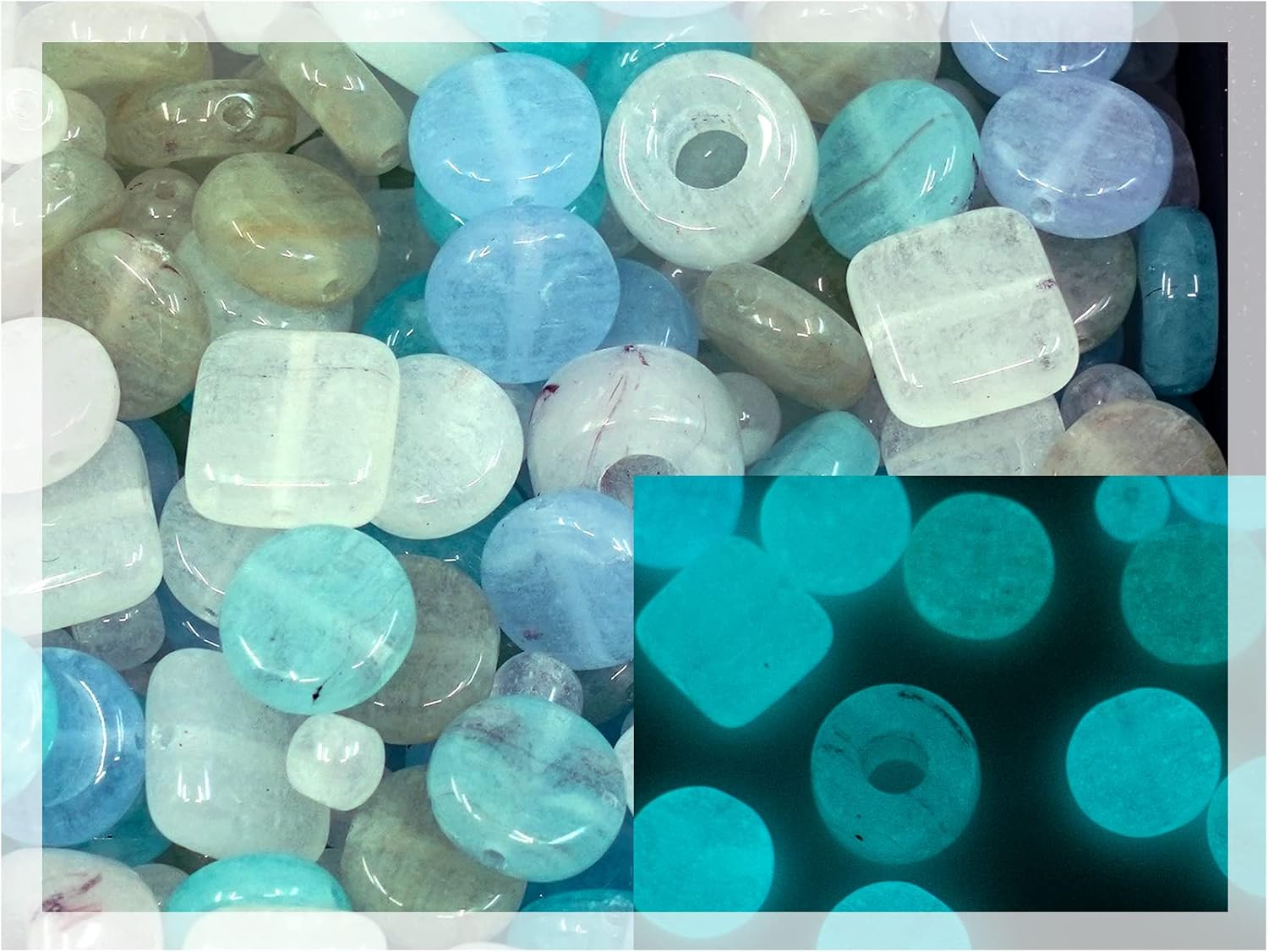 0.88oz Mix of Glass Beads for Jewelry Making, Tile Pony Round Coin, Czech Republic, Glow in the Dark Bright Blue