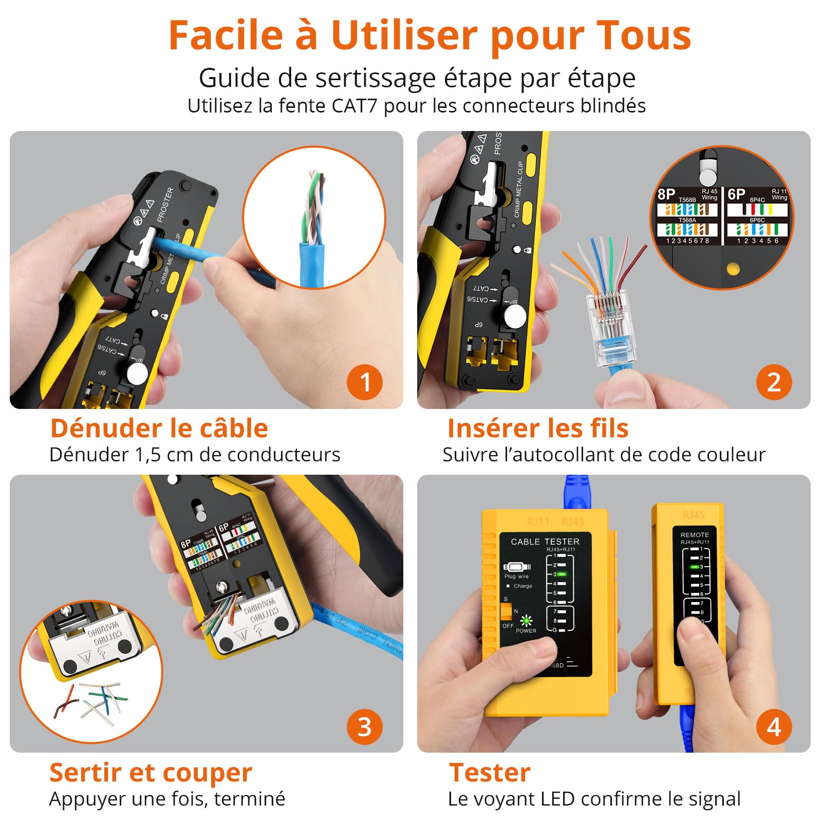 Proster Pince à Sertir RJ45 CAT7 Traversante – Outil de Sertissage Pass Through Ethernet 8P8C avec Testeur de Câble Rechargeable PoE, Connecteur Blindé CAT7/6 pour Installation Réseau et Téléphonique