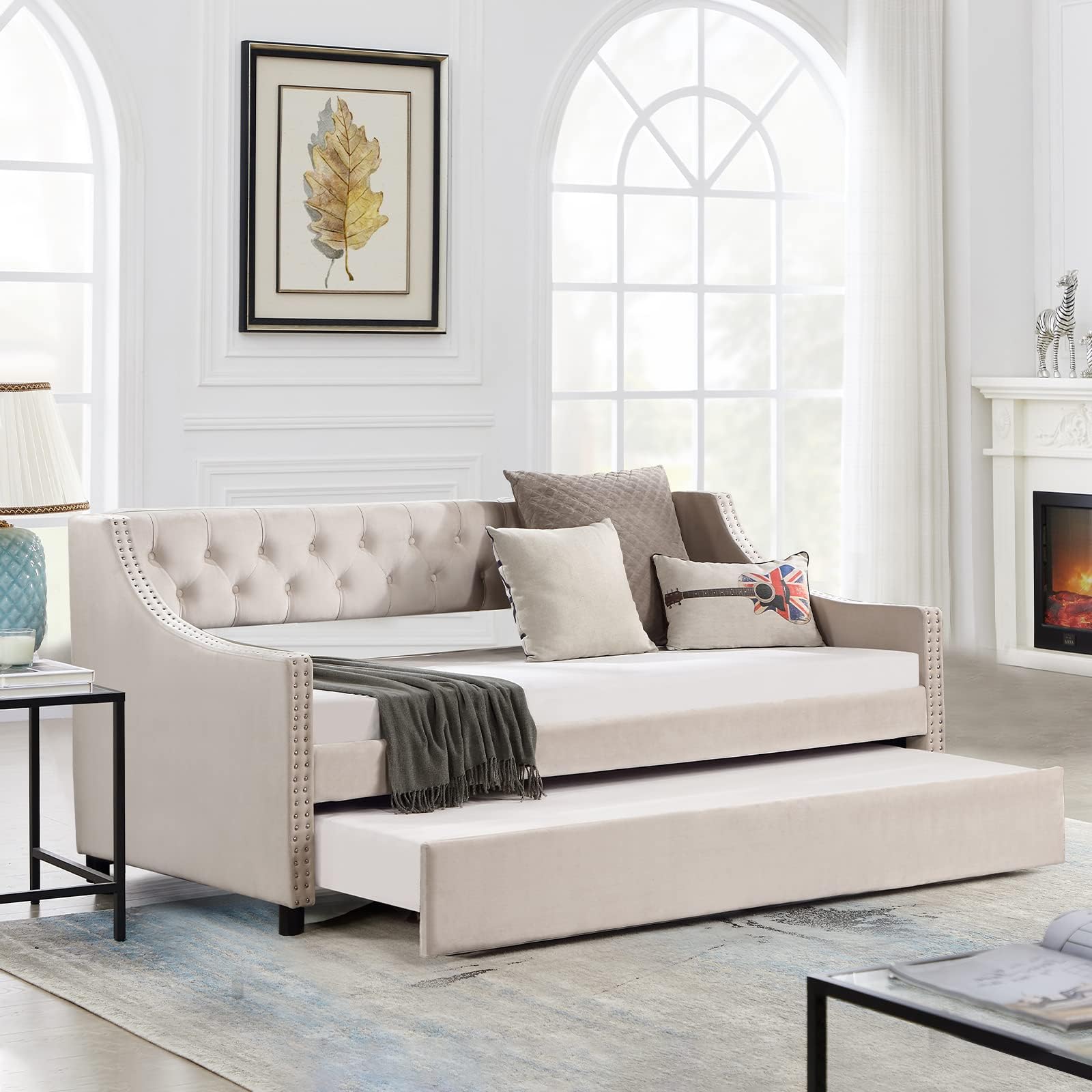 Daybed with Trundle, Upholstered Velvet Day Bed Frame with Tufted Button, Modern Furniture Sofa Bed for Living Room, Bedroom, Guest Room, Dorm, No Box Spring Needed, Beige Full Size