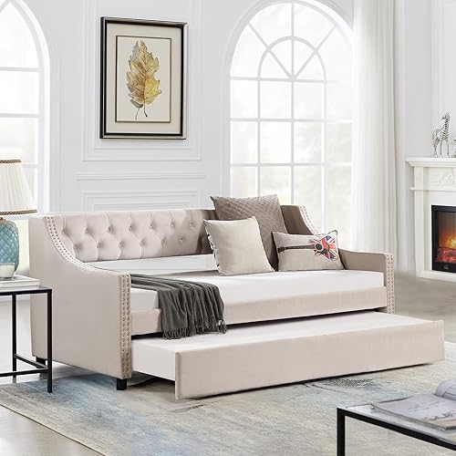 Obuvar Twin Size Daybed with Trundle, Upholstered Velvet Day Bed Frame with Tufted Button, Modern Furniture Sofa Bed for Living Room, Bedroom, Guest Room, Dorm, No Box Spring Needed, Beige