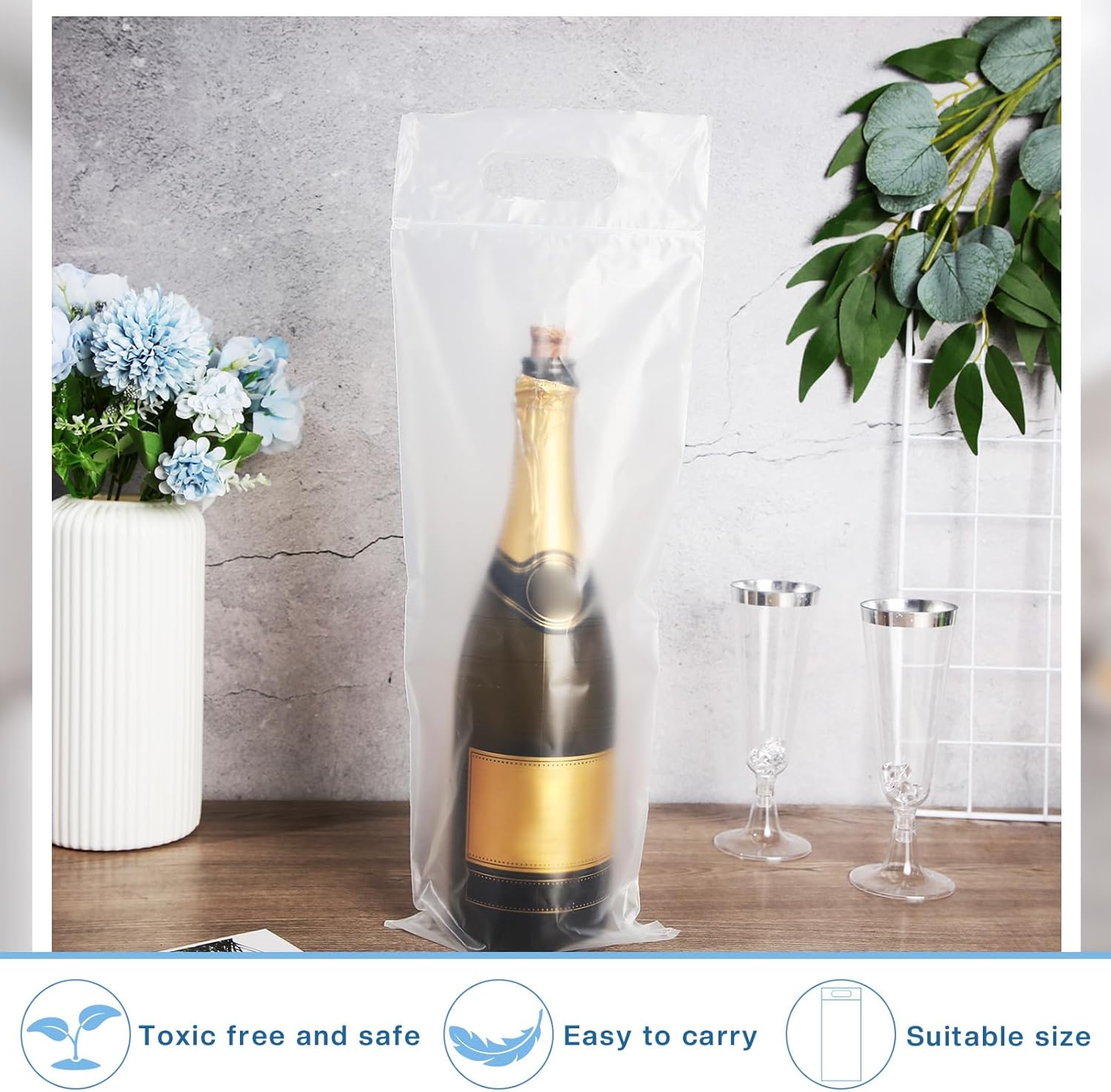 Gueevin 200pcs Wine to Go Bottle Bags with Handle, Carryout Adhesive Seal Tamper Proof Plastic Travel Wine Bags for Restaurant Bar Gift Wrapping Bag (Clear,18.1x6.3inch for 750ml Bottle)