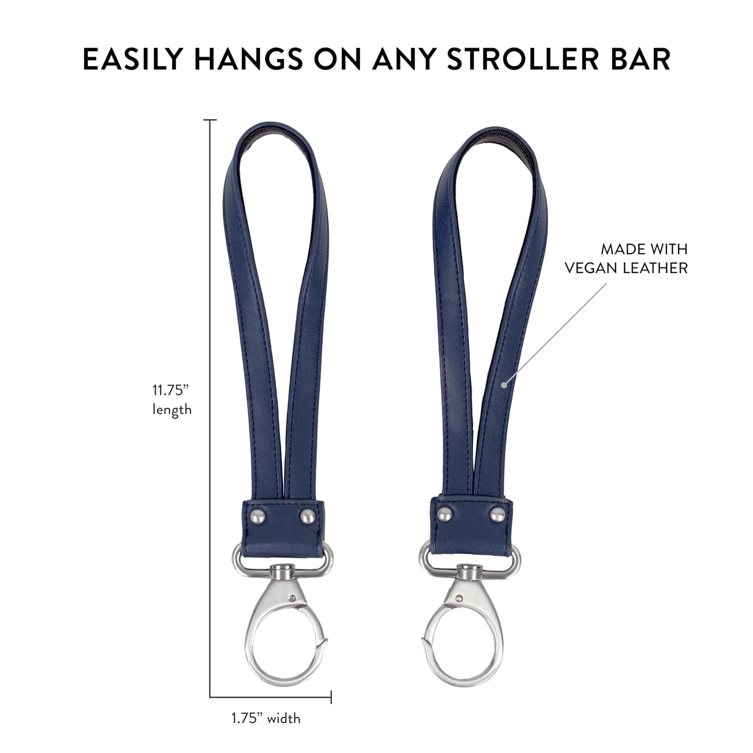 TWELVElittle Stroller Clips 2.0 Non Slip, Vegan Leather, Diaper Bag Straps, Navy