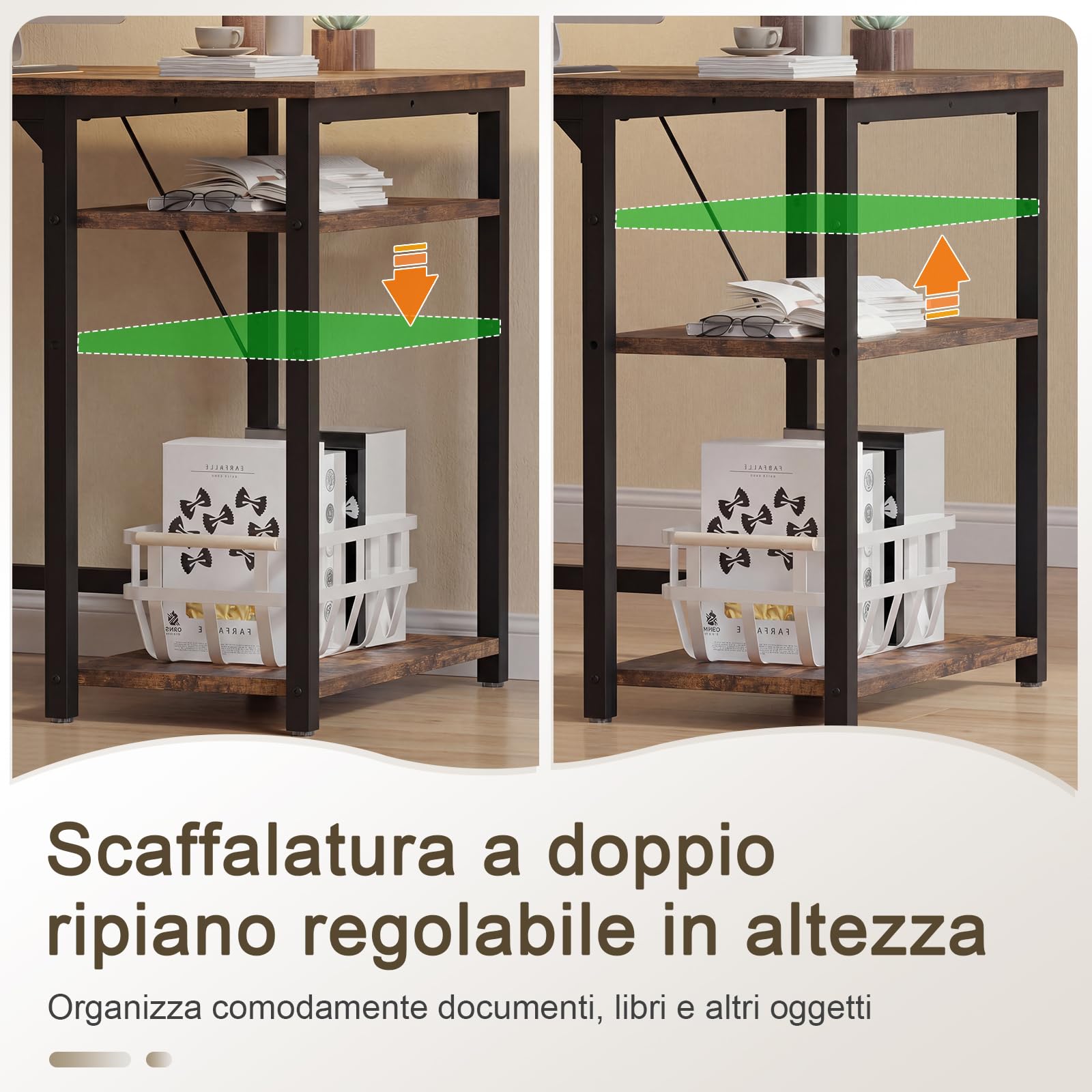 Devoko Scrivania Per Computer Industriale 140 x 50 cm, 2 Ripiani Regolabili Sinistra/Destra in Acciaio, Tavolo da Lavoro Mobile per Ufficio Casa Stile Vintage Marrone & Nero