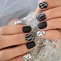 Vista 5 de EchiQ Uñas postizas redondas cortas y negras con líneas blancas y negras, diseño simple, punta de uña, arte de uñas francés, profesional