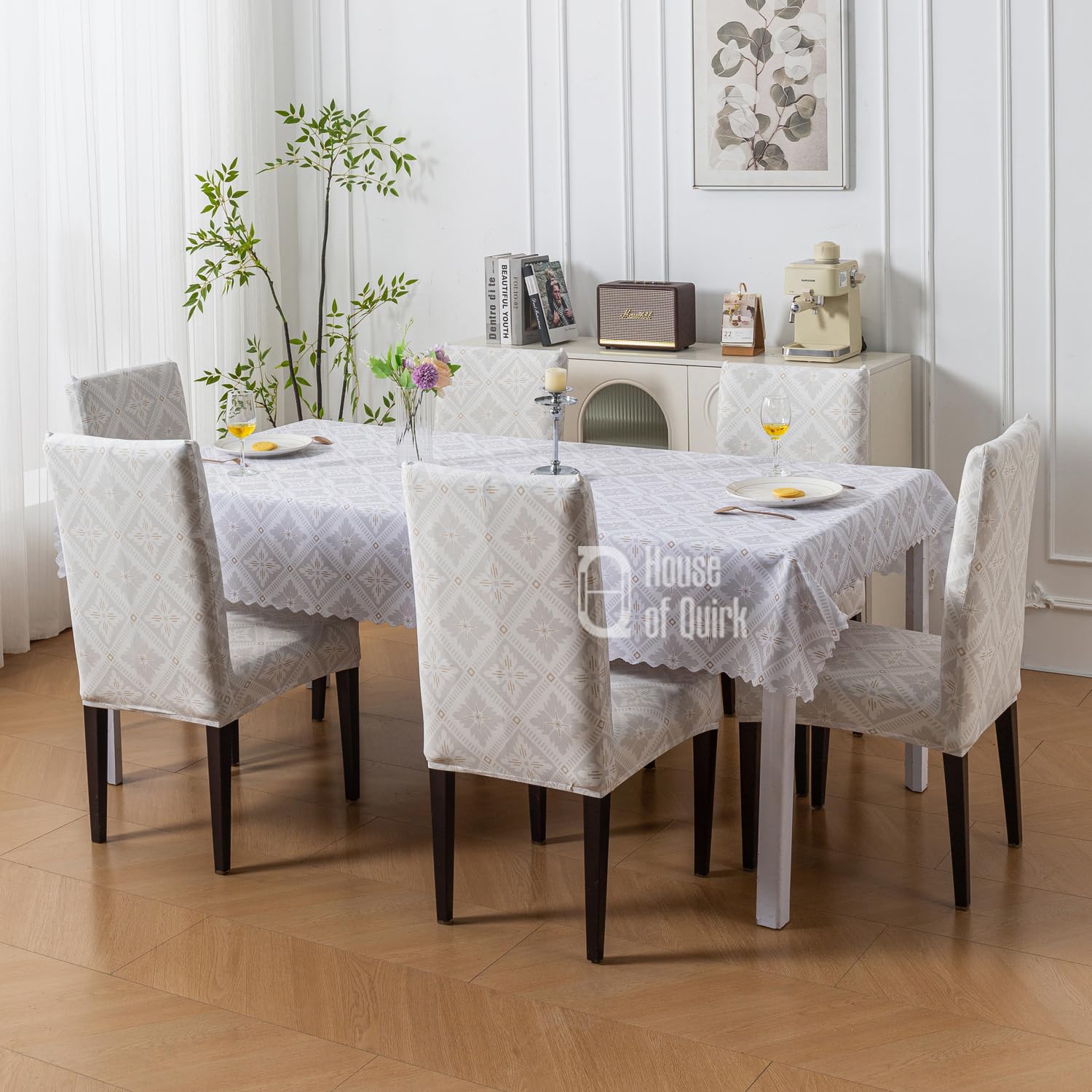 House of Quirk Dining Table Cover Waterproof with 6 Chair Covers for Kitchen Dining Table Cloth Dust and Oil Repellent (Desert Ikat, 1 Table Cover + 6 Chair Cover)