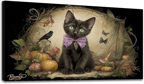 Miniatura 7 de 30"x 60" Canvas Wall Art Vintage Halloween Spooky Ghost Witch Black Cat Crow Painting Framed Pictures Painting Prints Large Wall Art for Living Room