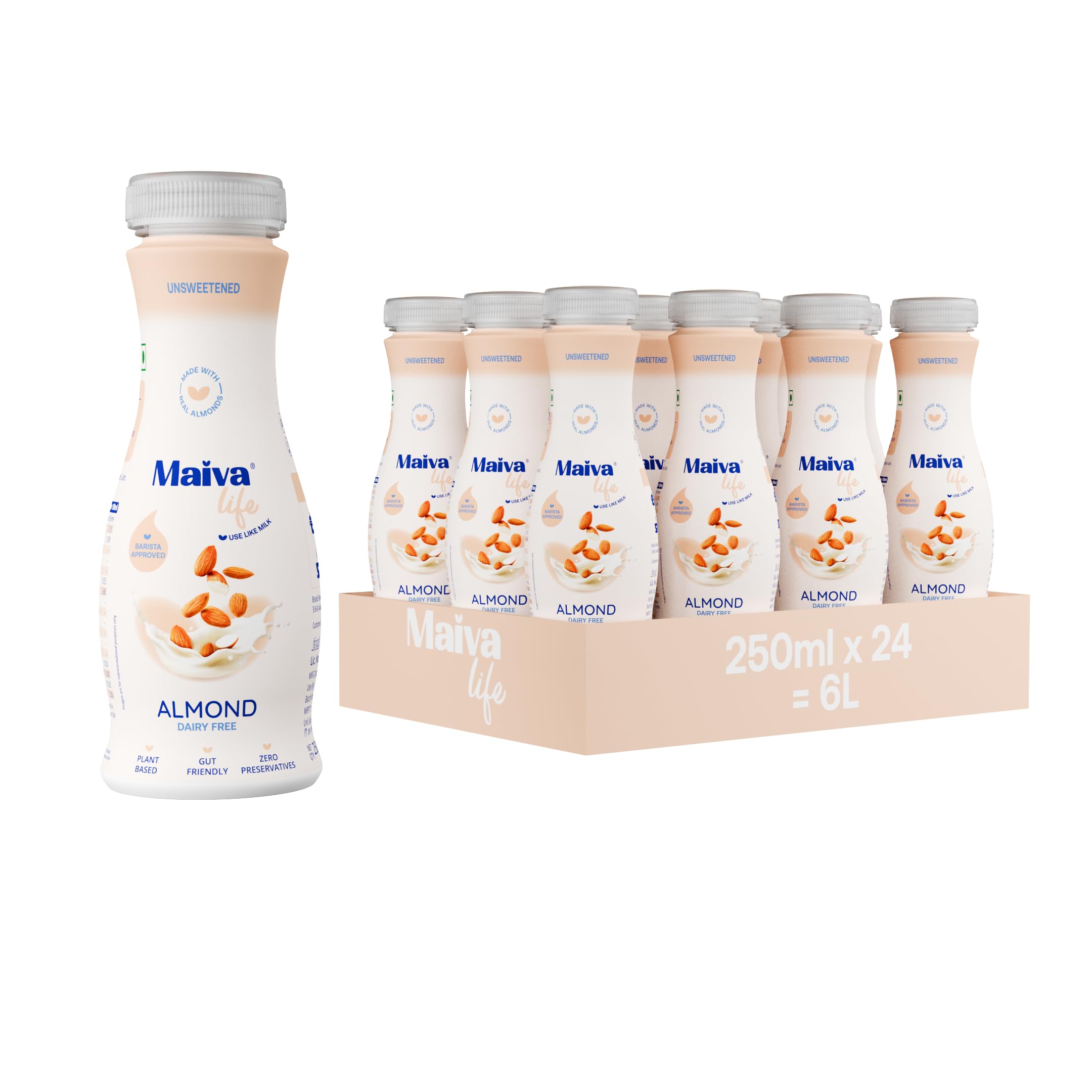 Maiva Life Almond Milk - Unsweetened - 250ml (Pack of 24) | Lactose Free - Vegan | Barista Friendly - Coffee - Tea | Smooth & Creamy | No Added Sugar | No Preservatives | 5% Real Almonds