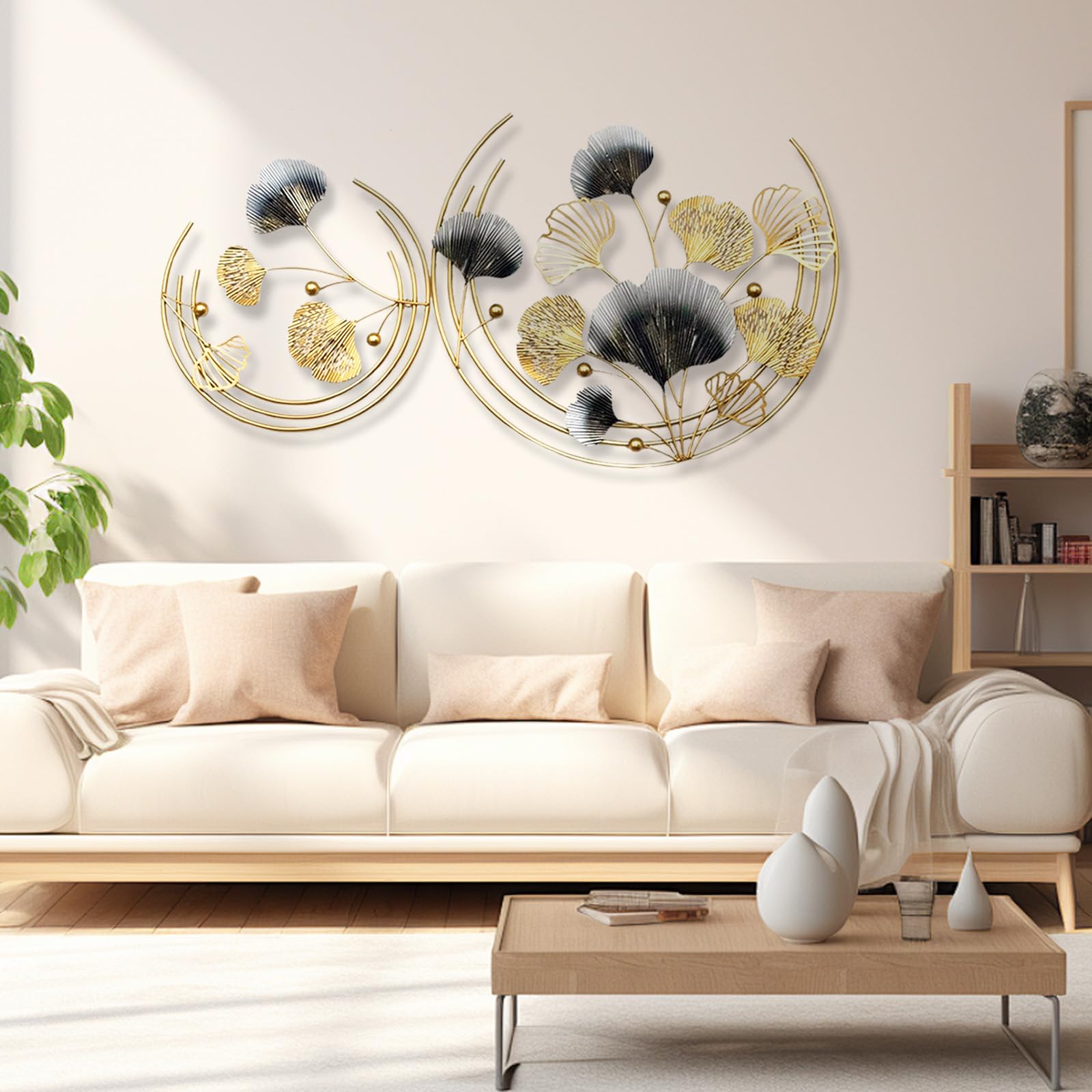Aisny Décoration Murale Salon, 110 x 60cm, Art Mural Métal Forgé, Feuille Ginkgo, Sculptures Murales, Fond Canapé, Ornements Muraux, Bureau