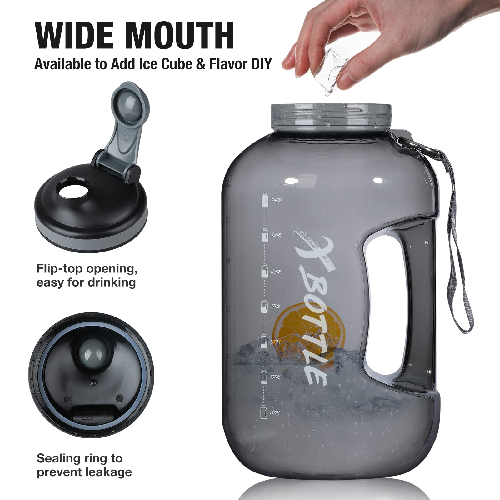 3.5 l Wasserflasche mit Umarmungsdeckel, BPA-frei, spülmaschinenfest, 3.6 l große Wasserflasche mit motivierender Zeitmarkierung und Griff, auslaufsicherer, Sport, Workouts (Chug Deckel)