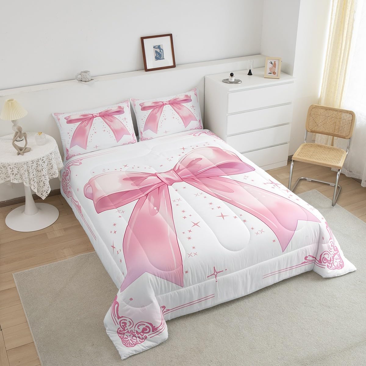 Manfei Pink Bow Comforter Set Queen Size, Watercolor Bowknot Bedding Set for Kids Girls Princess Room Decor, Pink and White Down Comforter, Soft Polyester Quilt Set,2 Pillowcases