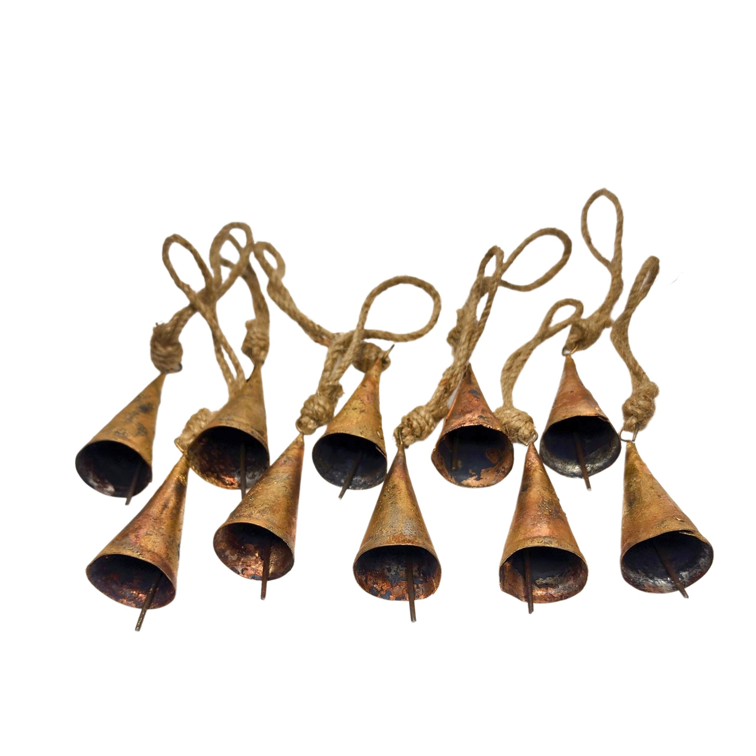 Campanas de vaca de metal de 7 cm, estilo vintage, rústicas, hechas a mano, con cuerda de yute (10 unidades, cono)