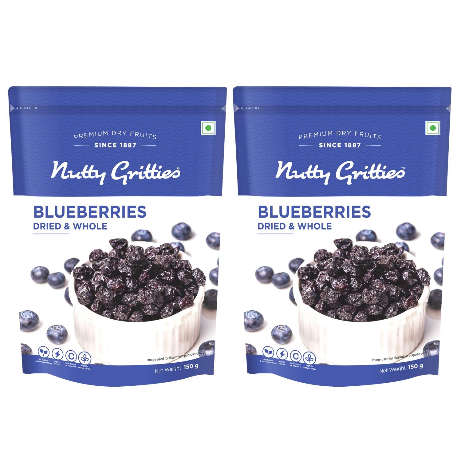 Nutty Gritties Dried Blueberries | Blueberry, Healthy Snack for kids and adults, 150 grams (Pack of 2)