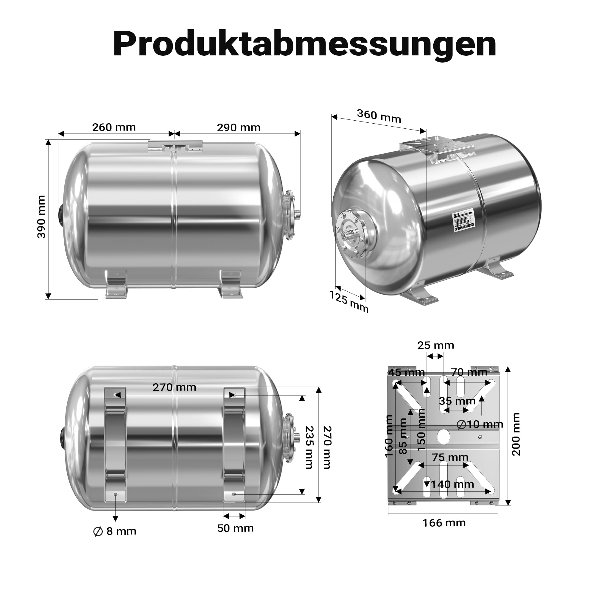 Wiltec Edelstahl Ausdehnungsgefäß 50 Liter, horizontaler Membrankessel für Hauswasserwerke und Druckerhöhungsanlagen mit EPDM Membran