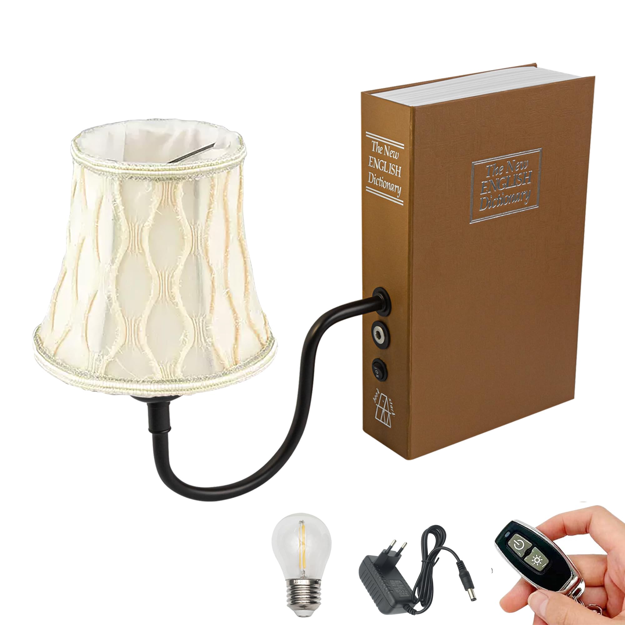 LED Buchlampe mit Fernbedienung, Vintage Dimmbar Nachttischlampe mit Stoffschirm 1xE27-Fassung, Wiederaufladbare Tischlampe Zeitschaltuhr für Nachttisch Beistelltisch -DZ0332/2