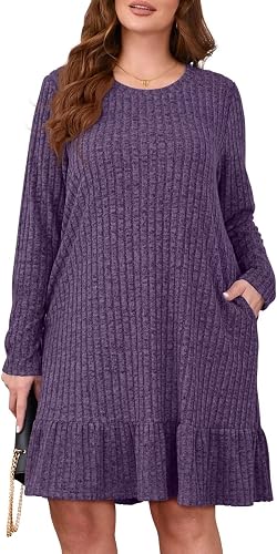 BELAROI Plus Size Sweater Dress Long Sleeve Dresses for Curvy Women Crew Neck Ca
