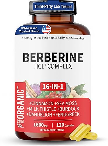 Berberine HCL Metabolic Guard+ Complex  1600mg - 120Caps  16 en 1 herbario cardiovascular, apoyo hepático e intestinal  con canela, cardo mariano,