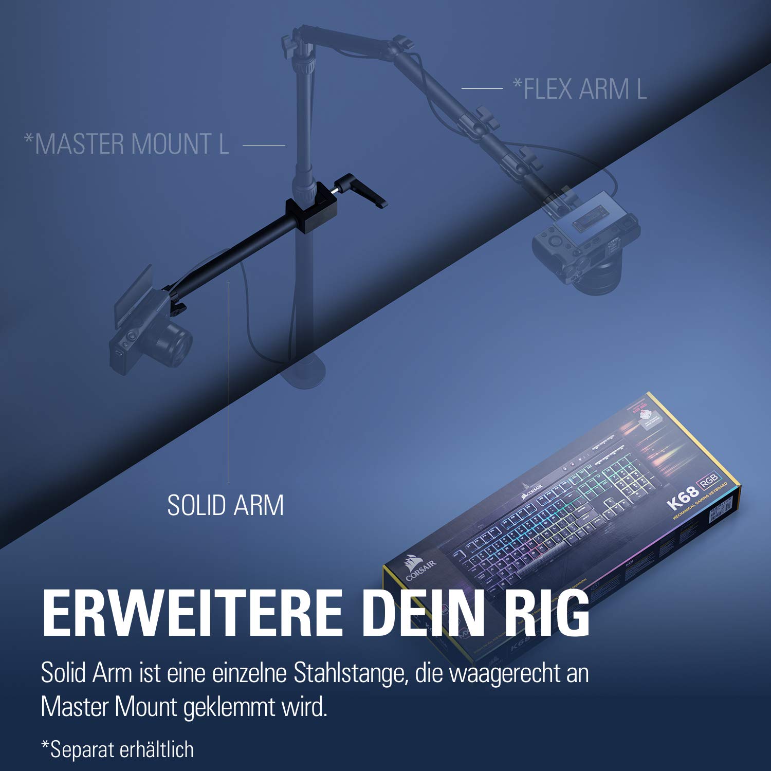 Elgato Solid Arm, Haltearm mit gepolsterter Klemme | Klemmt horizontal an Master Mount, Kugelkopf mit 1/4-Zoll-Gewinde, Stahl und Hartverbundstoff