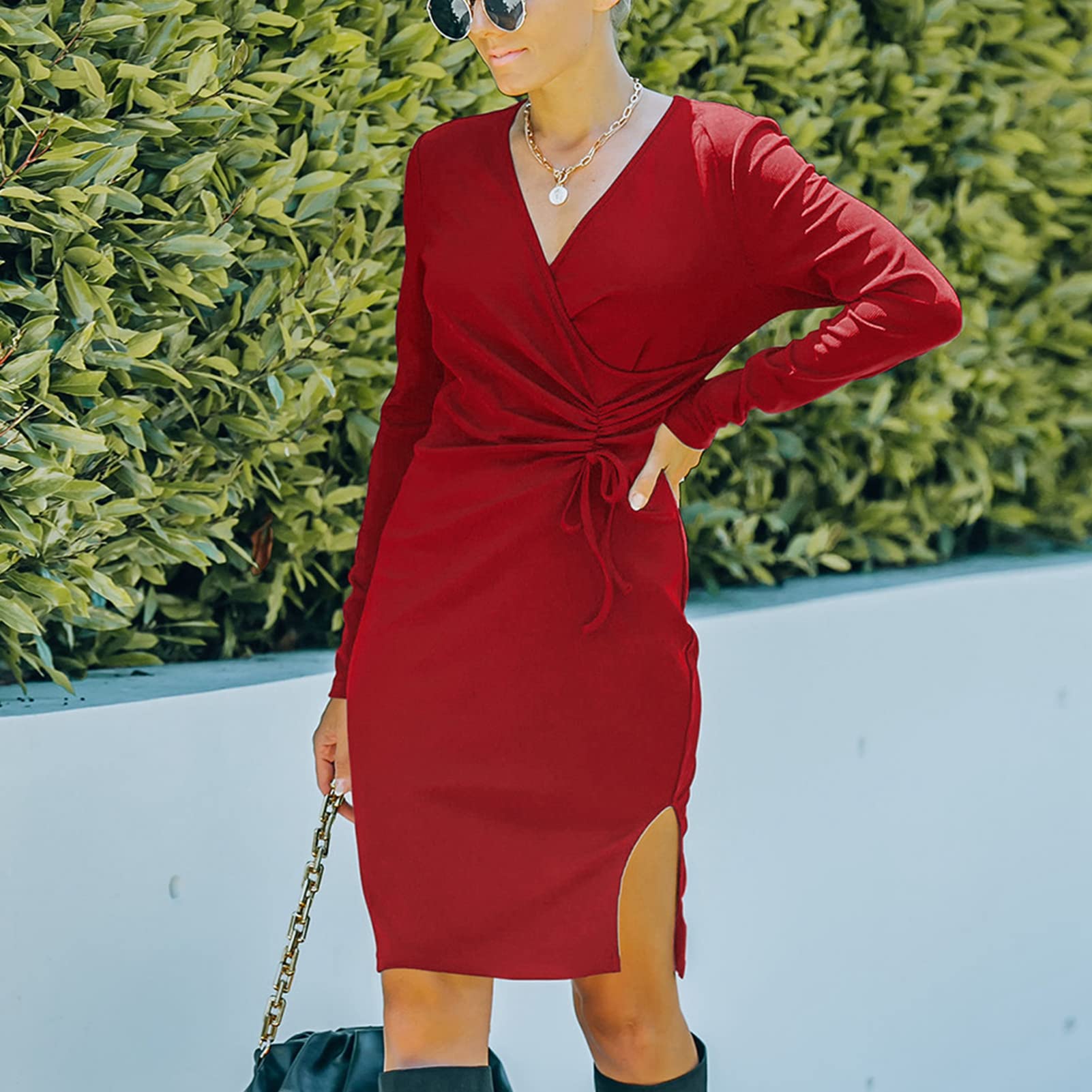 Ejoyous Robe Cache-cœur pour Femme Col en V Robe à Manches Longues Robe Tricotée Robe Pull Robe Tunique Mini Robe Ceinturée Plissée