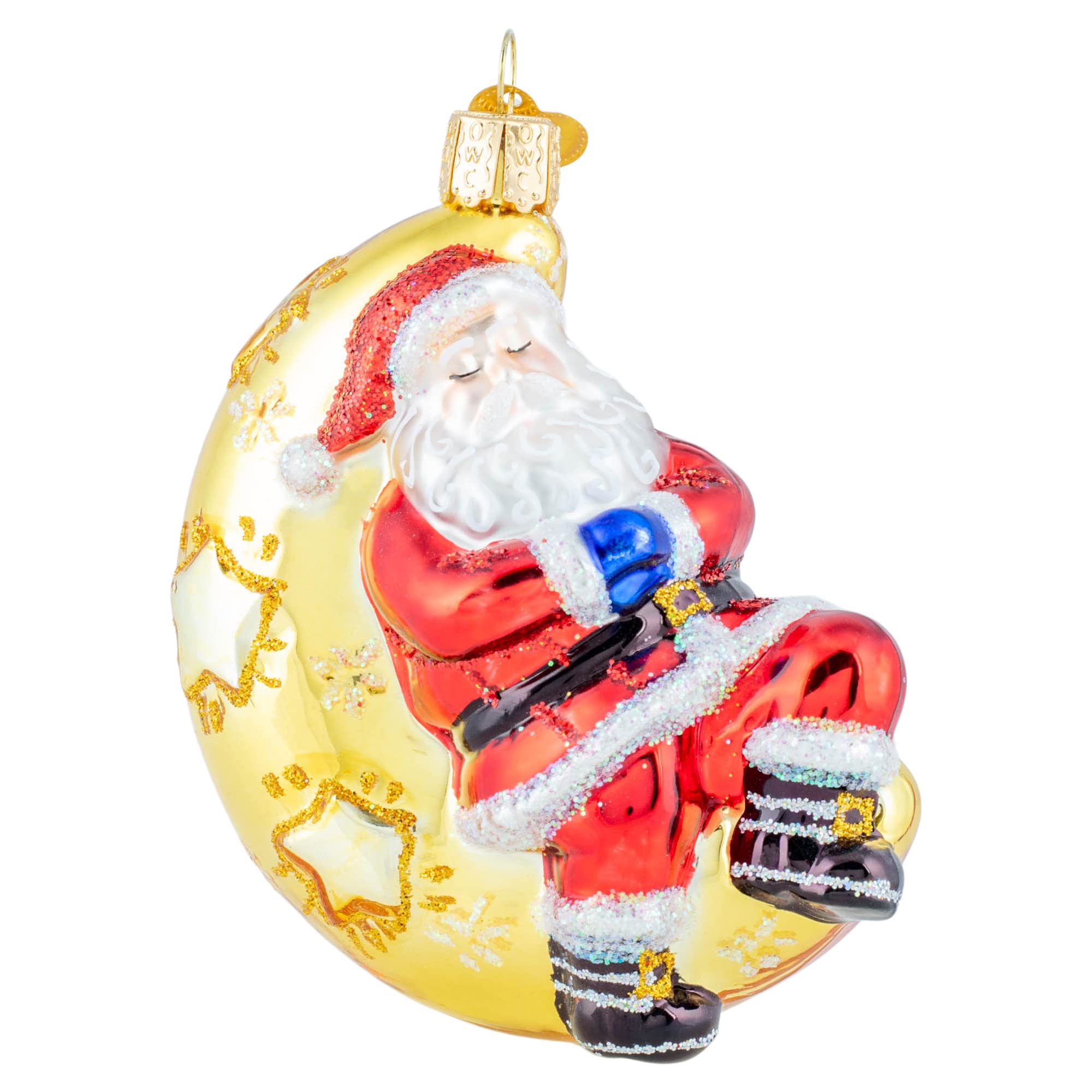 Old World Christmas Adorno de Cristal soplado de Papá Noel con luz de Luna para árbol de Navidad