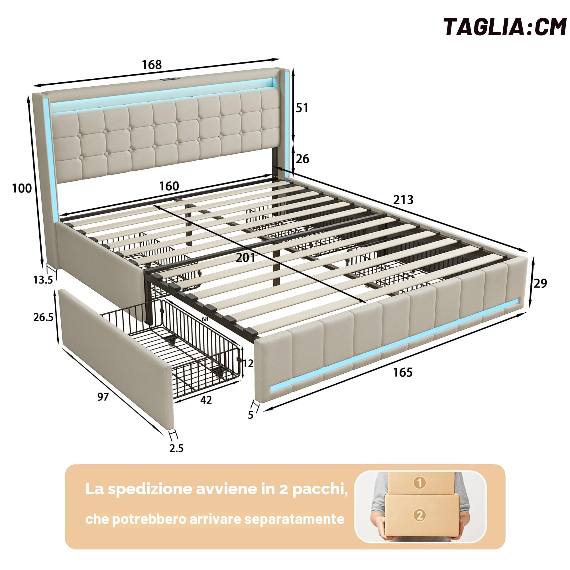 KeepGoon Letto matrimoniale 160 x 200 cm, letto imbottito con luci a LED, 4 cassetti in ferro e una porta di ricarica USB, telaio letto, tessuto di lino (beige)