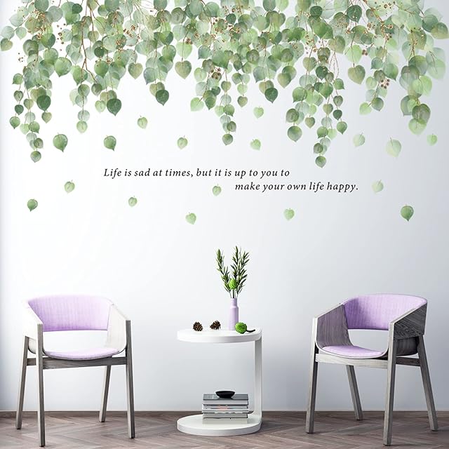 Pearls Vine Wall Decals Hanging Vines Branch Strings Wall Stickers, Removable Peel and Stick Green Tree Leaf Wallpaper, Hanging Branch Wall Decor for Kitchen Living Room Bedroom Home Decoration