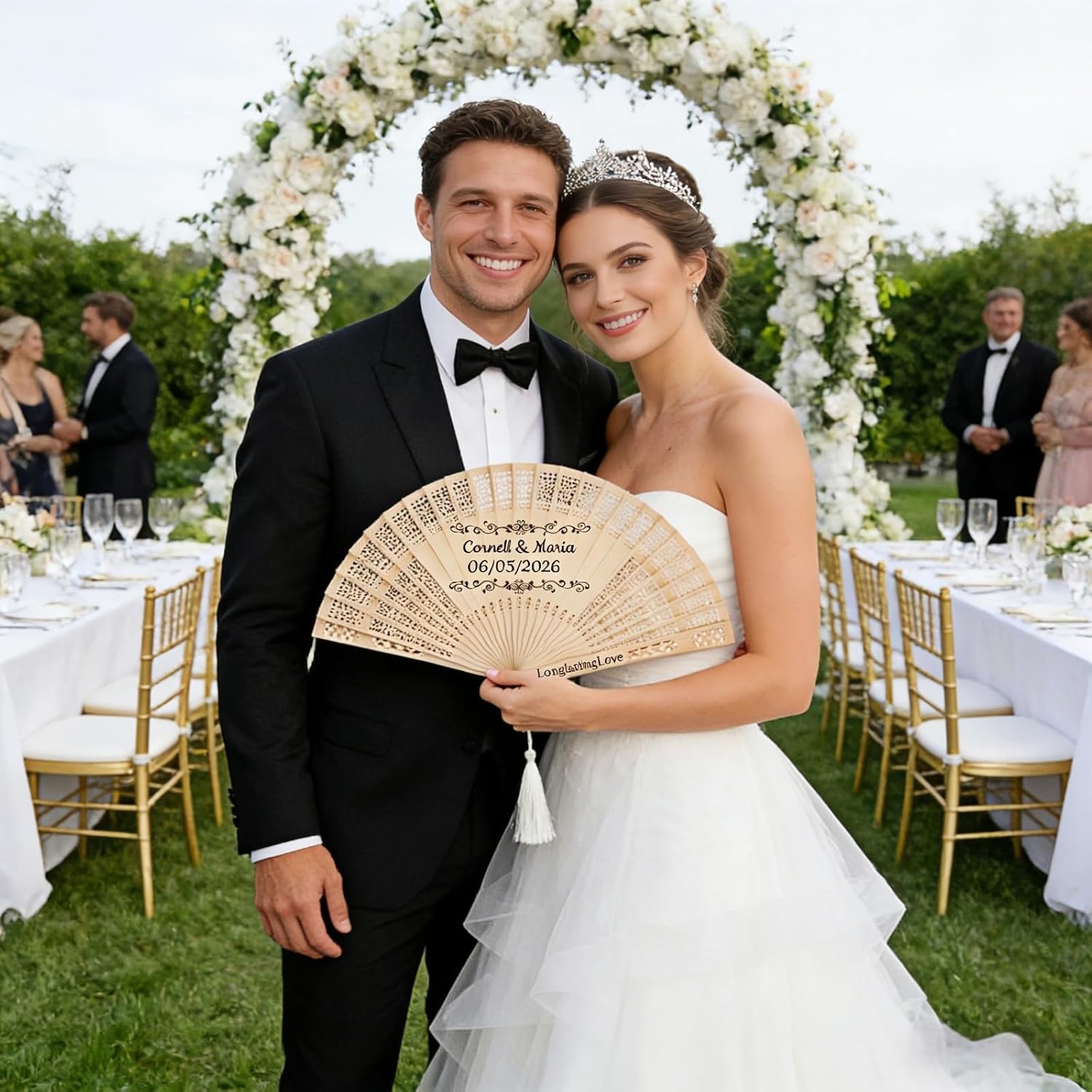 Personalized Fans for Wedding Guests Custom Wooden Folding Handheld Fans Bulk with Organza Bags Tassels