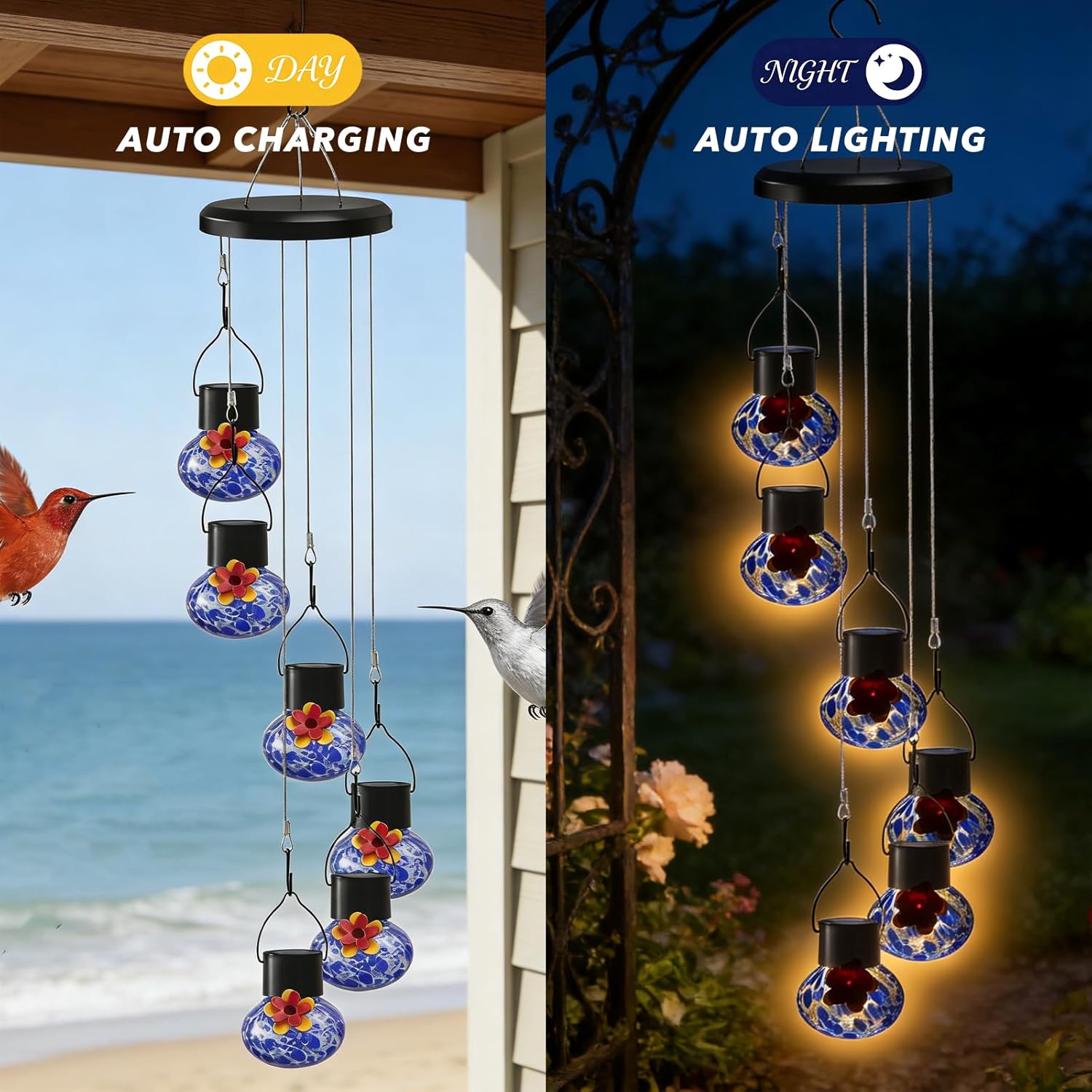 Solar-Powered Hummingbird Feeder with Wind Chime Elegance – 6 Leak-Proof Glass Ports, Frosted Design & Sea Night Lights – Perfect Outdoor Gift for Nature Enthusiasts