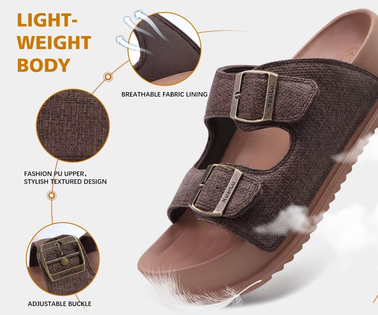 KuaiLu Womens Sandals with Arch Support Comfortable Orthopedic Cushion Recovery Slides Summer Fashion Leather Double Buckle Casual Slip On Plantar Fasciitis Shoes for Indoor&Outdoor (US Size 6-12) - Image 5