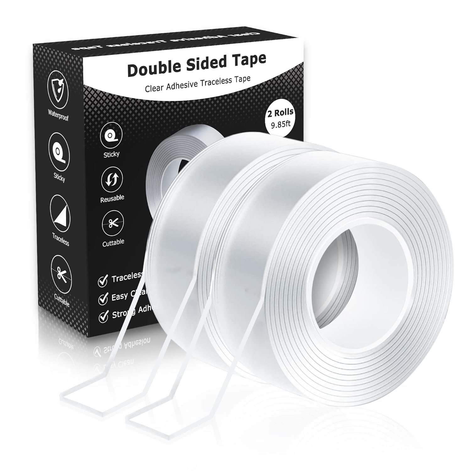 Double Sided Tape-Heavy Duty Nano Mounting Tape 2 Rolls, Total 19.7ft Transparent Poster Tape for Walls Office Outdoor Carpet Home