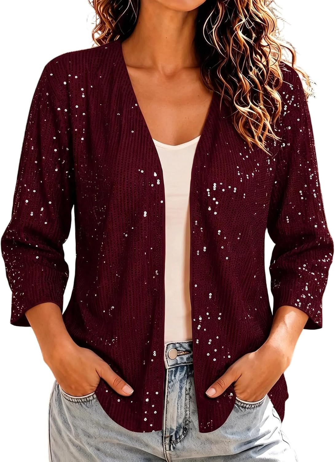 Women's Sequin Cardigan Open Front 3/4 Sleeve Elegant Party Jacket