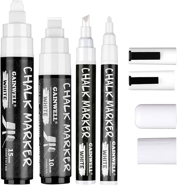 4 Pack White Chalk Markers - Reversible Jumbo and Fine Tips - 3mm, 6mm, 10mm, 15mm - Use on Chalkboard, Whiteboard, Glass by GAINWELL