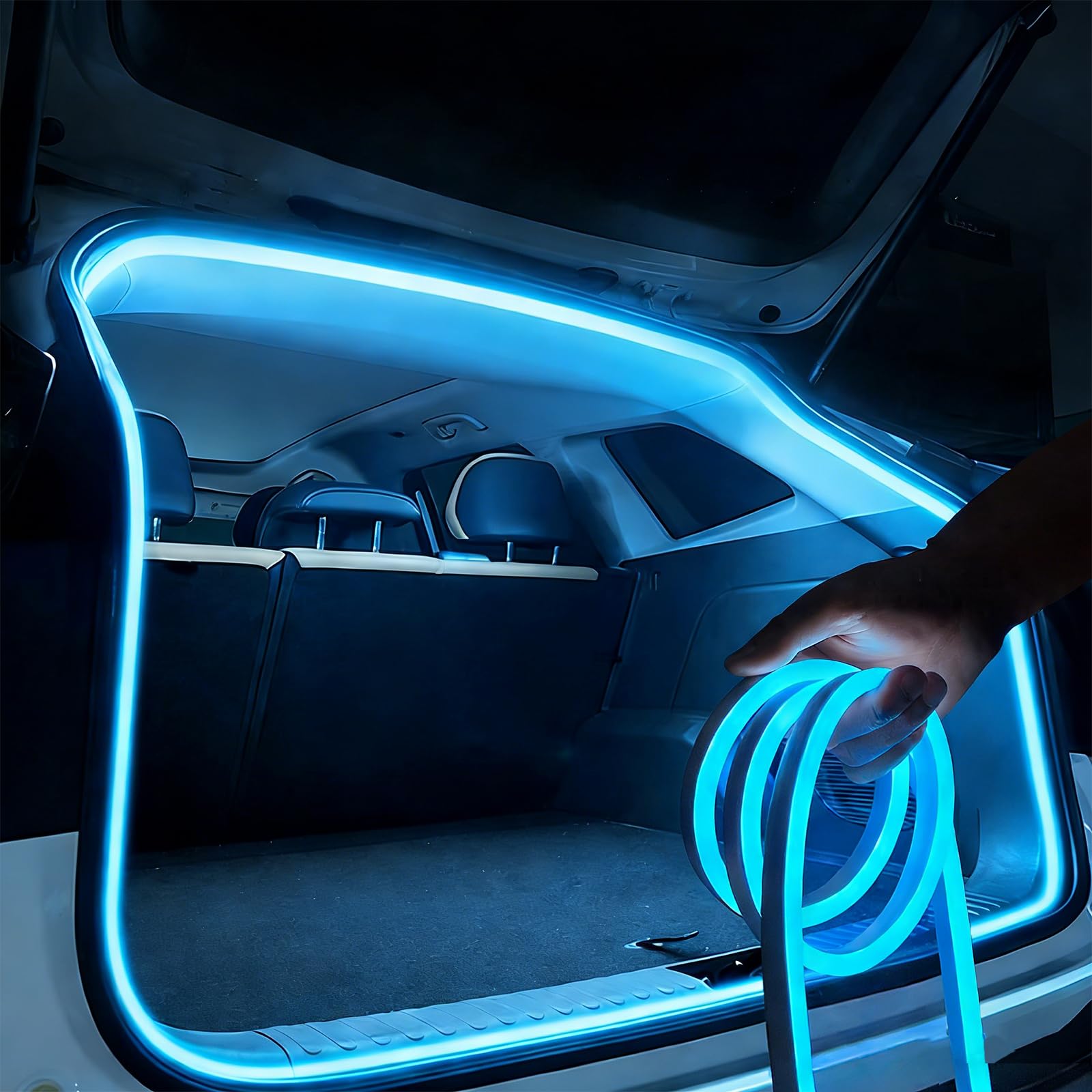 Kofferraum Lichtstreifen, 4m LED Kofferraum Streifen, Dynamic Flowing Car Trunk Light Strip, Kofferraumbeleuchtung Led, Automatischer Sensor Tail Box für Auto Kofferraum (Mit Blau Lauflichtefekt)