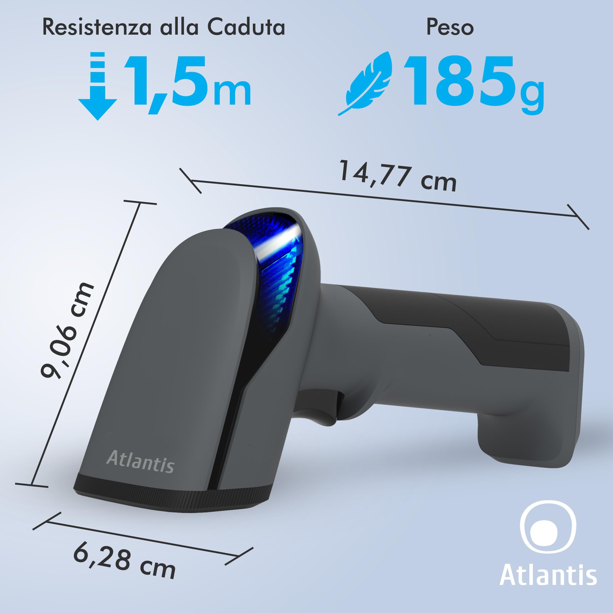 Atlantis A08-LD230P-2D Lettore Codici a Barre Barcode reader scanner 1D e 2D Ottico Prof (640x480), 60 fps, legge da smartphone e display, codice farmaceutico, collegamento USB, guida rapida