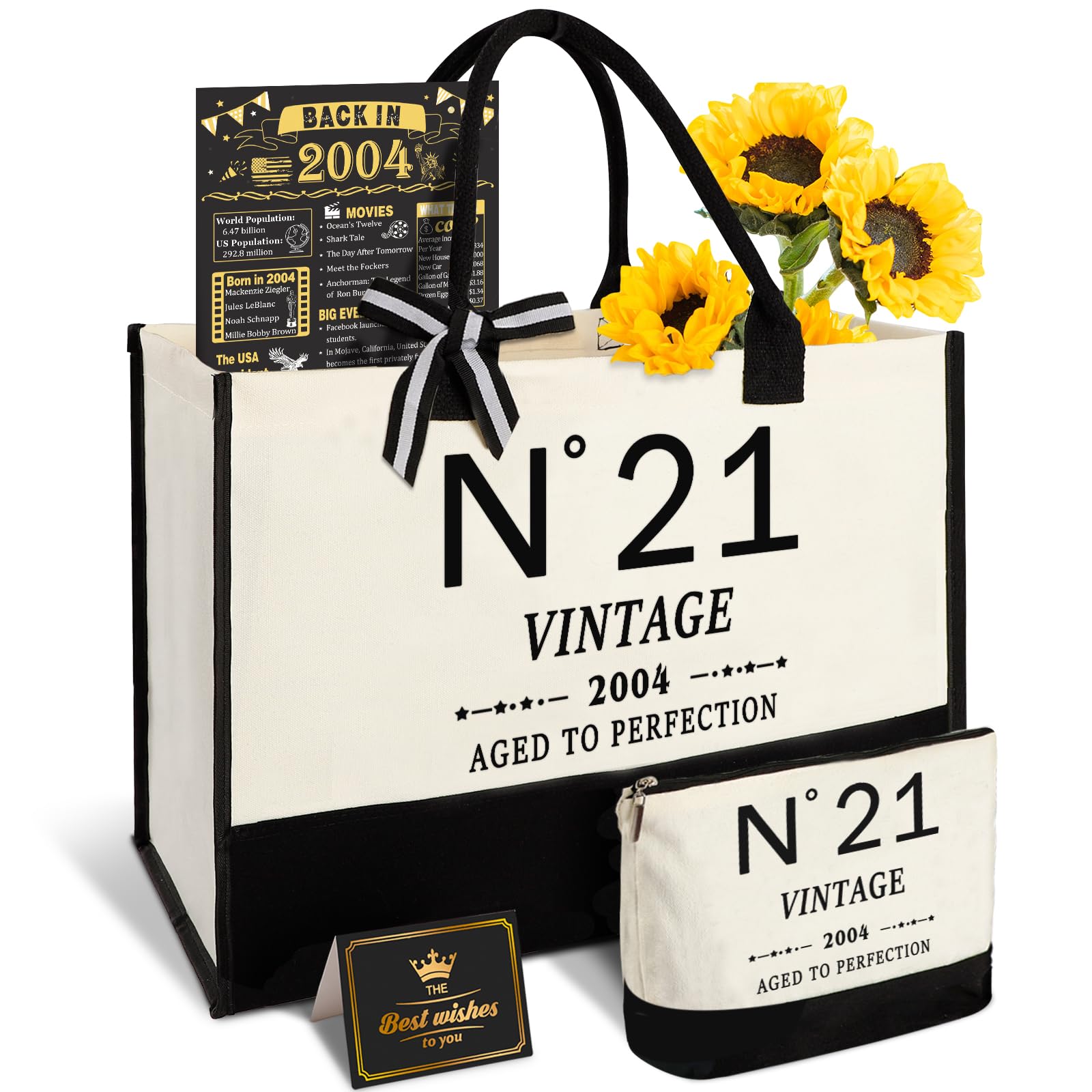 21st Birthday Gifts for Her Canvas Tote Bag Travel Gear, Unique 21 Years Old Gifts for Girlfriend Sister Coworker Friends Classmate Women, Vintage N°21 Handbag & Cosmetic Bag & Back in 2004 Poster