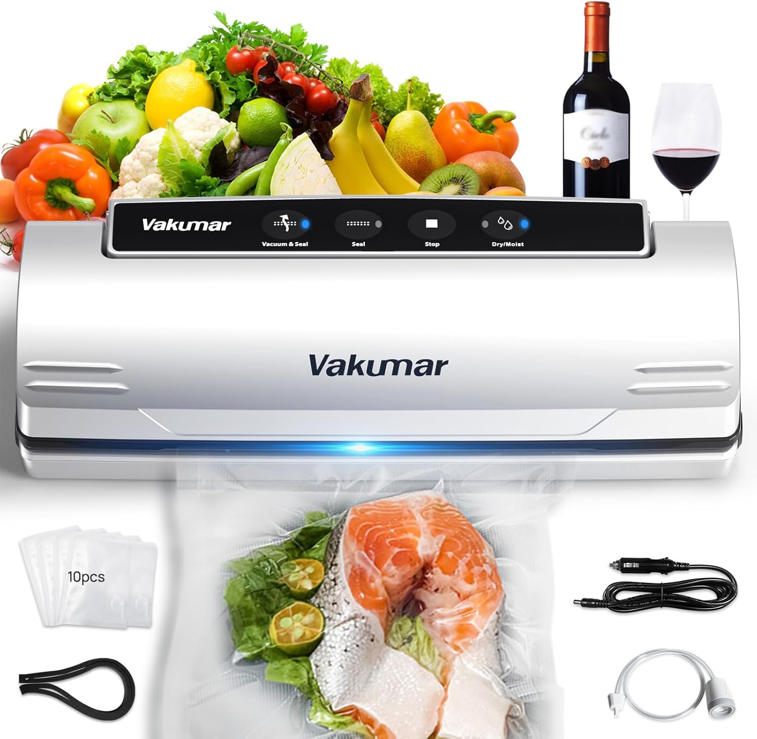 Upgraded Vacuum Sealer Machine for Food, 8 in 1 Food Sealer Vacuum Sealer with Powerful Suction, Dry & Moist Modes, Sous Vide Compatible, Included Car Charger(In-vehicle use)