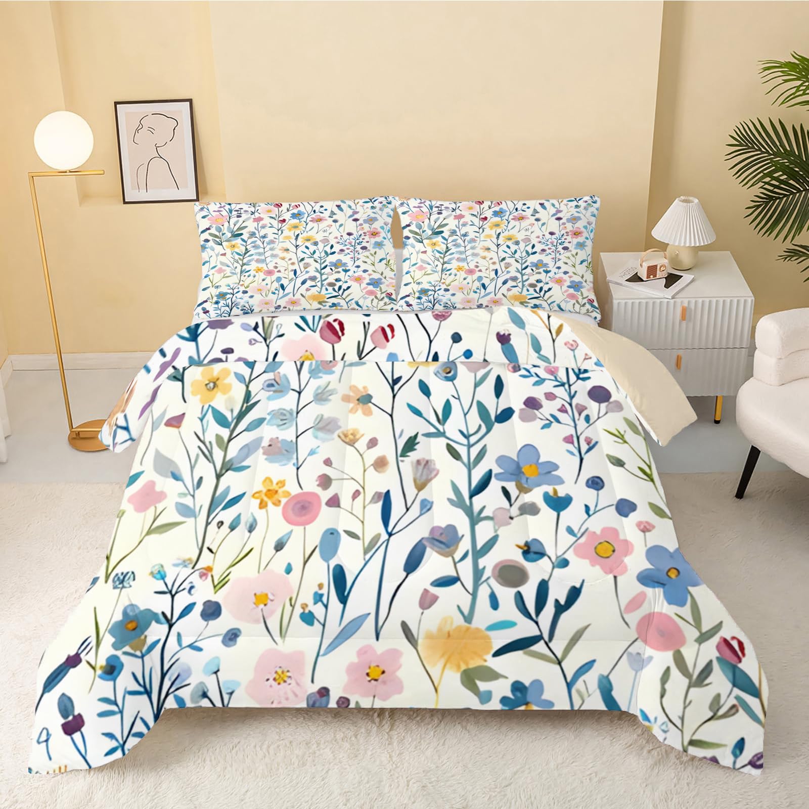 dyausi Floral Duvet, Coverless Duvet Super King Size, Reversible Watercolor Plants Comforter for All Year Round, Washable Quilt 7.5 Tog, Lightweight Superking Duvet 220x260, Blue
